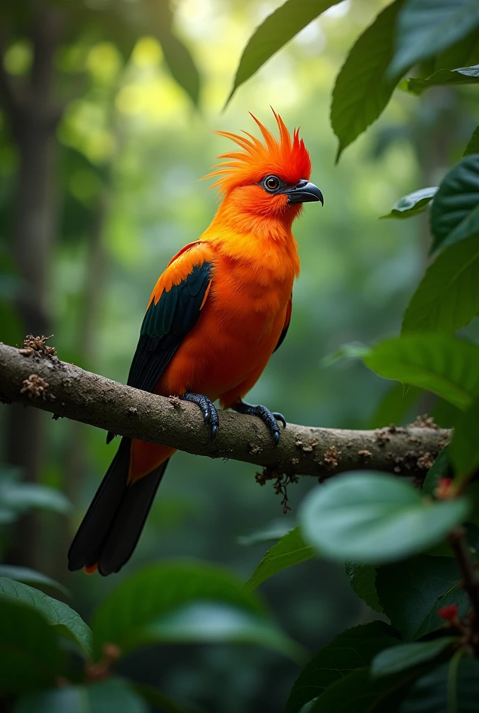 Generate a realistic cock-of-the-rock on a coffee branch and this one is in the jungle