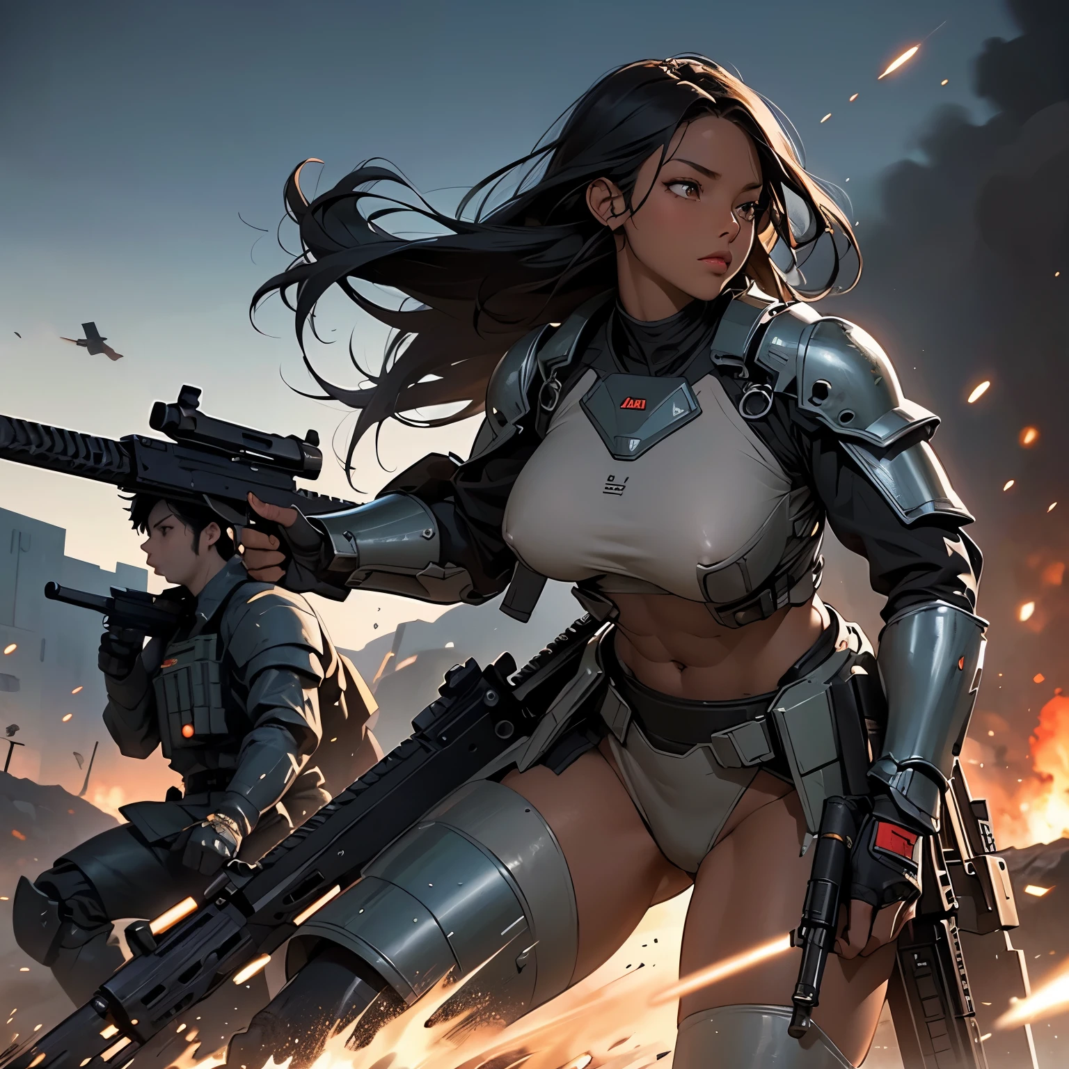 nsfw, anime screencap, 16K, perfect anatomy proportion body, perfect hands, action, A dynamic composition with a sense of speed and movement, (Hold an assault rifle:1.6), a wife, 40age, perfect beautiful delicate sexy face, erfect beautiful delicate eyes, braid-in-braid black hair, (dark skin:1.6), huge breasts, abs, Camouflage-colored heavy armored steam engine full armor powered suit, Many heavily armored robot soldiers are engaged in a firefight in the background., Flying bullets, Ruined ancient city, war, Post-apocalyptic,