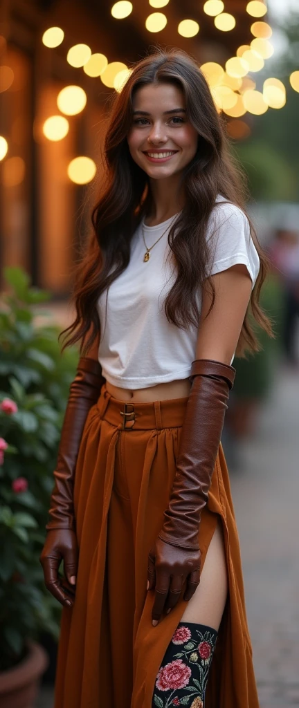beautiful high detailed photo of a
italian brunette long hair adolescent in long and large leather gloves above the elbow and wearing (color embroidered very long thigh high boots) and wearing a simple t shirts and long skirt with slit . standing on a date . she is kind.