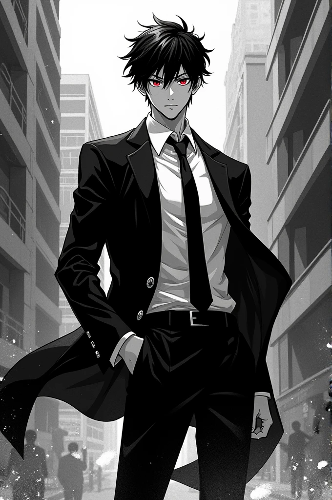 A boy with short black hair, with scarlet pupils, of a muscular body, but athletic; elegant suit dress. In black and white manga style animation
