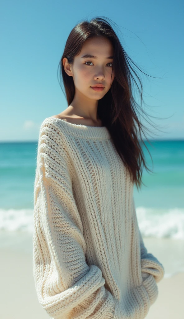 (((Picture below:1.4)))、(((Beautiful girl standing on stage looking down at the audience:1.3))),((beautiful blue sea:1.2))、((white sand beach))、(beautiful profile)、(((naked oversized knit sweater:1.3)))、(((When I lift the hem of my clothes, it appears.:1.2)))、(Very detailed beautiful face of one young girl), Great appearance and best quality:1.4), (super detailed), (8K Dende Wallpaper), Very detailed, High resolution raw color photos, Professional photography, Realistic portrait, Wonderful face and eyes, Vagina with little hair, Brown eyes, in 8K、