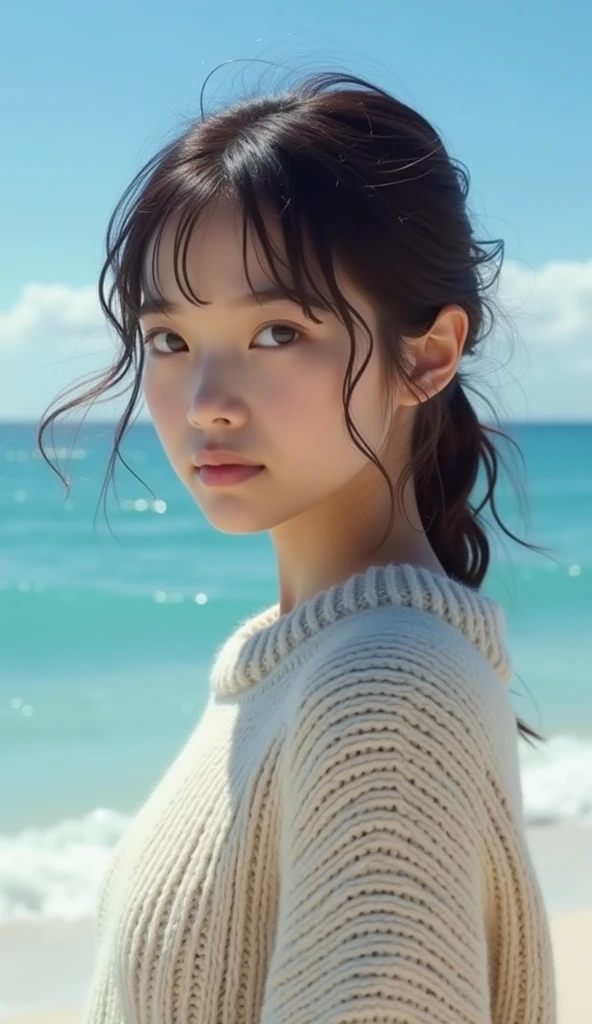 (((Picture below:1.4)))、(((Beautiful girl standing on stage looking down at the audience:1.3))),((beautiful blue sea:1.2))、((white sand beach))、(beautiful profile)、(((naked oversized knit sweater:1.3)))、(((When I lift the hem of my clothes, it appears.:1.2)))、(Very detailed beautiful face of one young girl), Great appearance and best quality:1.4), (super detailed), (8K Dende Wallpaper), Very detailed, High resolution raw color photos, Professional photography, Realistic portrait, Wonderful face and eyes, Vagina with little hair, Brown eyes, in 8K、