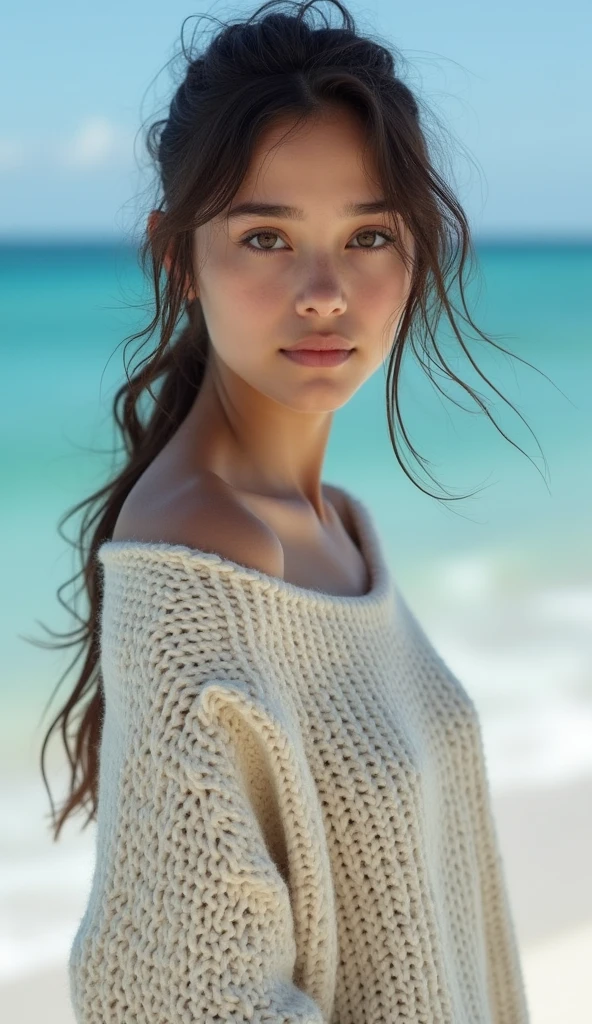 (((Picture below:1.4)))、(((Beautiful girl standing on stage looking down at the audience:1.3))),((beautiful blue sea:1.2))、((white sand beach))、(beautiful profile)、(((naked oversized knit sweater:1.3)))、(((When I lift the hem of my clothes, it appears.:1.2)))、(Very detailed beautiful face of one young girl), Great appearance and best quality:1.4), (super detailed), (8K Dende Wallpaper), Very detailed, High resolution raw color photos, Professional photography, Realistic portrait, Wonderful face and eyes, Vagina with little hair, Brown eyes, in 8K、