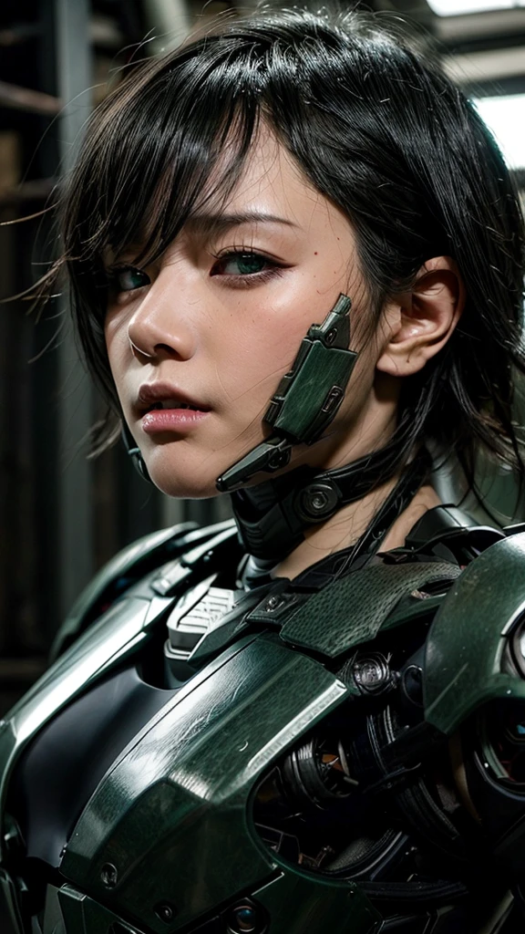 Textured skin, Very detailed, Attention to detail, high quality, 最high quality, High resolution, 1080P, hard disk, beautiful,(War Machine),beautifulサイボーグ女性,Mecha Cyborg Girl,BATTLE MODE,Girl with a mechanical body Black Hair Short Hair Boyish Dark green armor Soaked Face liberation Met Off Steam coming out of the head Steam coming out of the whole body Painful expression Please open your mouth wide