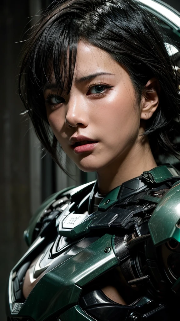 Textured skin, Very detailed, Attention to detail, high quality, 最high quality, High resolution, 1080P, hard disk, beautiful,(War Machine),beautifulサイボーグ女性,Mecha Cyborg Girl,BATTLE MODE,Girl with a mechanical body　Black Hair　Short Hair Boyish　Dark green armor　Soaked Face　liberation　Met Off　Steam coming out of the head　Steam coming out of the whole body　Painful expression　Please open your mouth wide