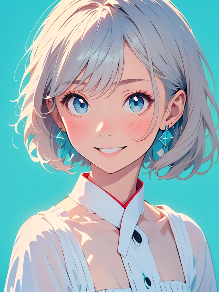 Minimalist, Stylish girl, Gray Hair, Blue background, Wear special earrings, Bohemian style, Defined eyelashes, Bright Blue Eyes, clean transparent eyelashes, close, Smiling face flat illustration, geometry, clean, Japanese Manga,