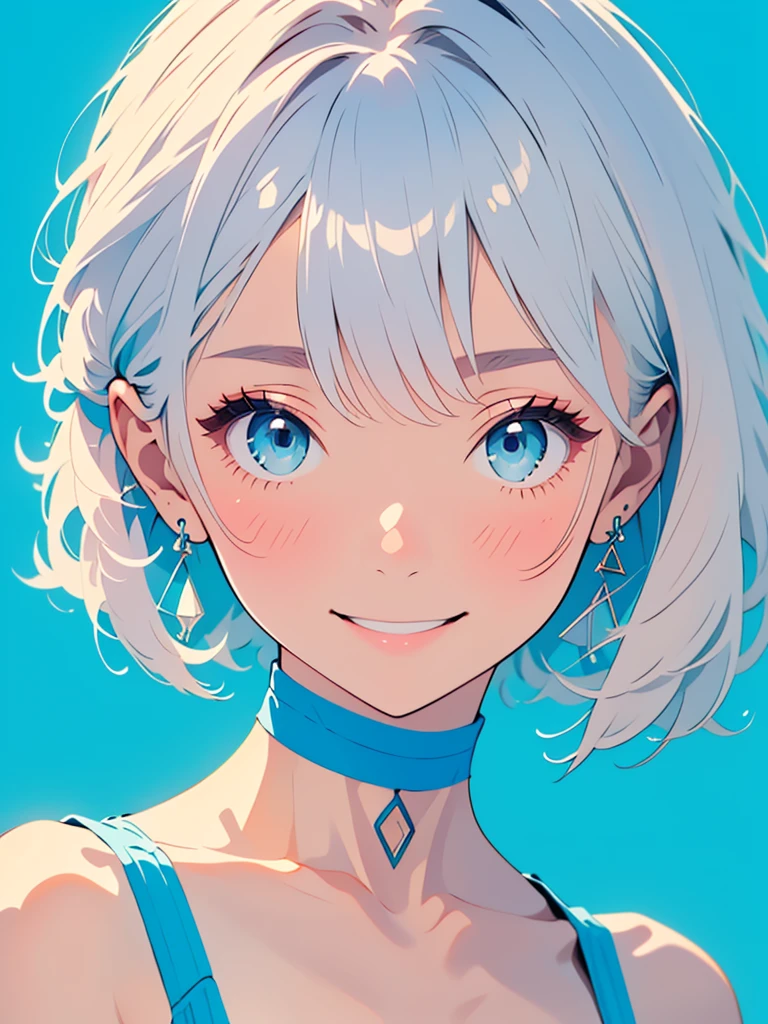 Minimalist, Stylish girl, Gray Hair, Blue background, Wear special earrings, Bohemian style, Defined eyelashes, Bright Blue Eyes, clean transparent eyelashes, close, Smiling face flat illustration, geometry, clean, Japanese Manga,