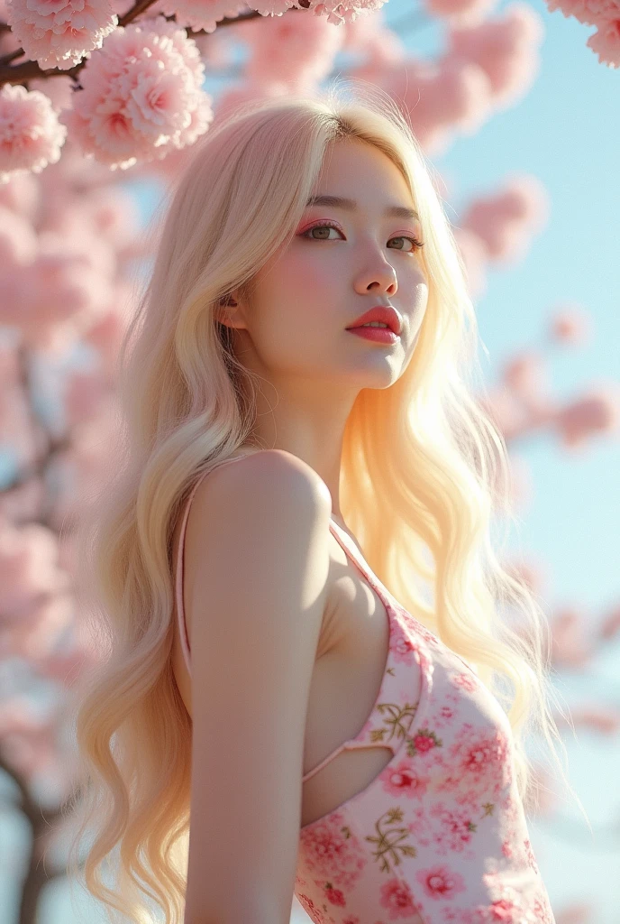 Under the cherry blossoms, blonde long hair, beautiful woman, Japanese woman, idol, one piece dress