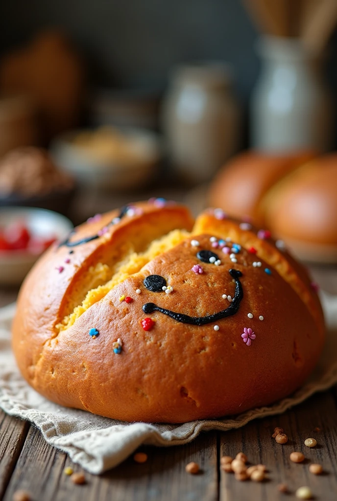 sweet potato bread with a smile around small dots like a frame