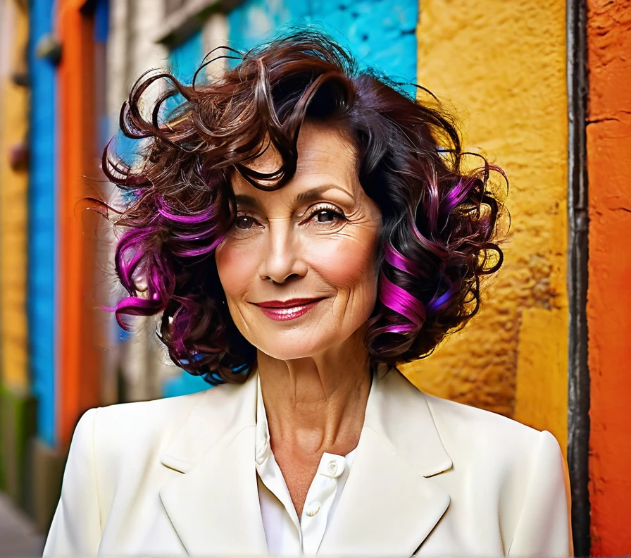 A curly bob with a side part, designed for women over 50 with round faces, breaking up symmetry and adding length.
(a 50 years old woman) (masterpiece), medium and long hair, Beautiful Woman, Beautiful face, Realistic, vibrant, everyday color photography, vibrant, everyday color photography, Messy backgrounds, saturated colors, urban life, street portraits, hidden details, Ephemeral moments, moments of real life, HD Quality