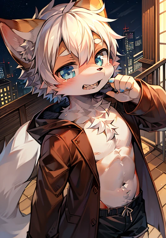 (Dark atmosphere:0.8),masterpiece,high quality,Abstract research,number\(artwork\), by Dagasi, Yes,Seizan,(Ansero,蓬松的fur,character focus:1.1),Ansero male cat,short hair,portrait , Bright eyes,Super cute face, panoramic, character focus.(Detailed background:0.7), solo, hairy, hairy的男性, Male focus, Anser,(全身hairy, hairy的尾巴, fur, Blue eyes, White hair:1.2), (Long canine teeth、red fox、Trench coat、shorts:1.2),(external、early morning、Modern high-rise building、roof:1.1)
