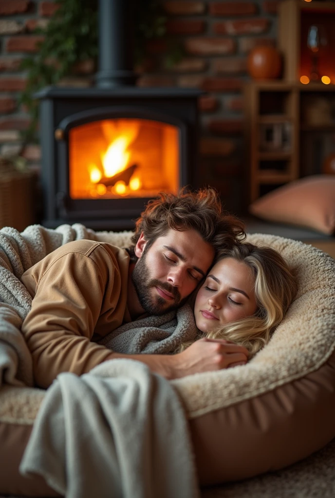 American couple dog bed sleeping fireplace