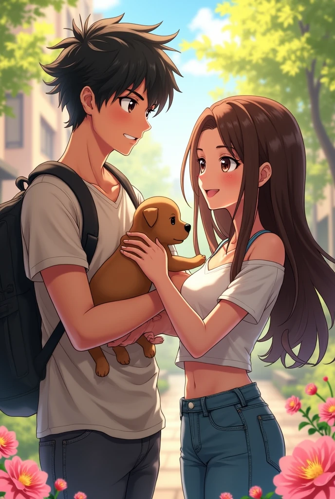 An anime man with black hair and dark maroon Eyes and he is standing an anime woman with long middle brunette hair and dark brown eyes and they are wearing casual outfits and the man is holding a puppy and the. Woman is holding a kitten