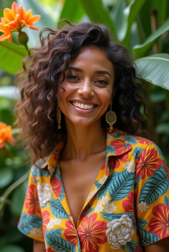 A Brazilian woman in a lush tropical garden, wearing an open shirt with a floral print, with a close-up capturing the harmonious beauty between her breasts and the natural flowers, showing off your natural charm and outgoing personality.