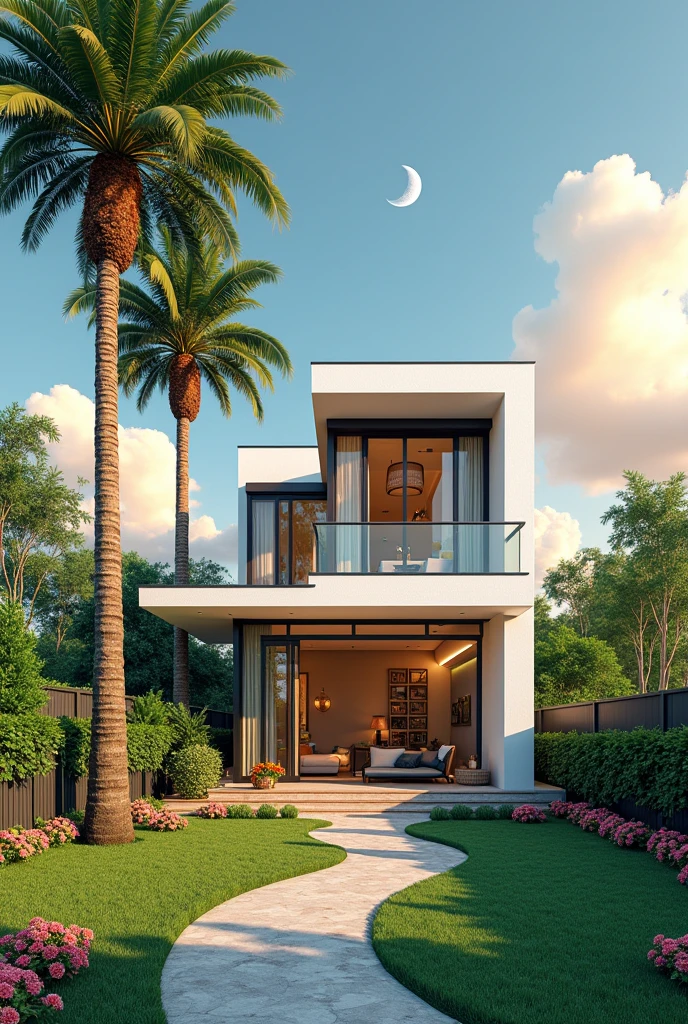 A whimsical luxury penhouse, a tall skinny palm and coconut and durian tree next to the house, a crescent moon, grass, flowers, and a fence, in a hyper-realistic 3D style with glossy airbrush watercolor effects, masterpiece, UHD, 18K