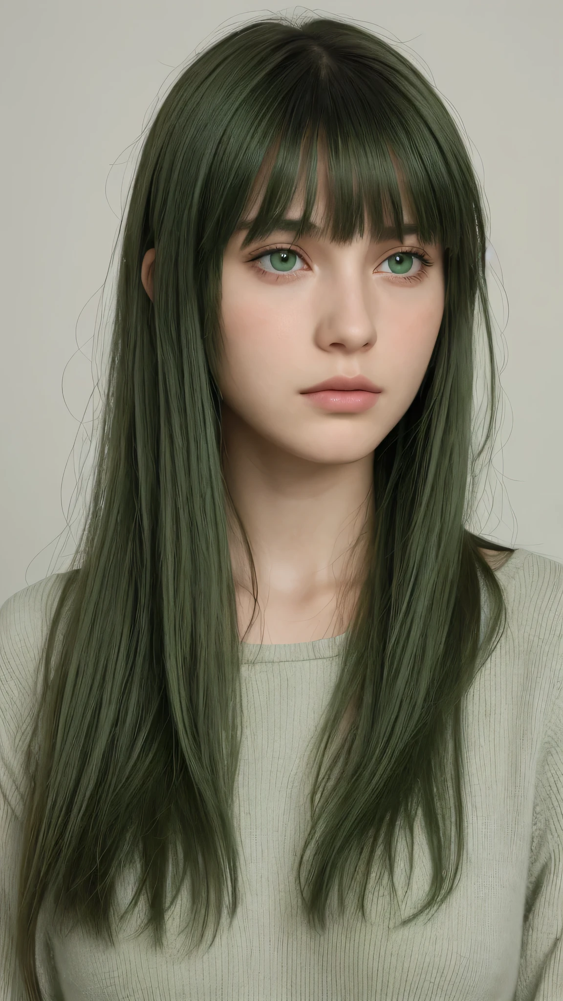 a girl. European. Extremely detailed face. Oval face. Delicate facial features. Half-closed eyes. Long straight hair. Messy hair. Bangs. Green hair. Green eyes. Angry. Shy. Straight face