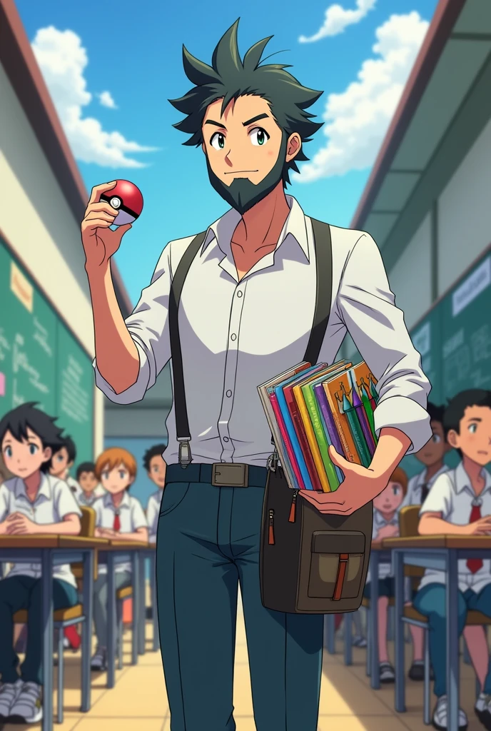 Anime pokemon style, Short black hair slim teacher with full beard, right hand holding a pokeball. Left hand holding books, wearing a white shirt and a leg bag with some school supplies. School