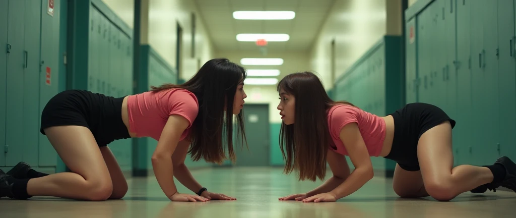 (photorealism:1.2), highschool hallway, women ((16 yo/midteen girls)) crawl over each other on all fours (wrestling) wearing tight uniforms and microskirts. Their eyes are wide open and gaze aimlessly - their expressions slacked-jawed and salivating too such extent as to be visible to the POV. Some press their mouths together while the others gaze vacantly in their direction. Tiny beads of sweat trickle down their skin. In a dreamlike euphoria, they arch their backs.