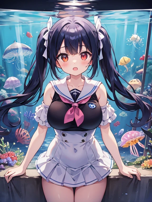 (masterpiece, intentional quality, carefully and detailed drawing, beautifully drawn eyes), a dark and spacious exhibition room in an aquarium, a large cylindrical tank with jellyfish on display, many jellyfish are in the tank, the jellyfish tank is lit up, the jellyfish are translucent and glow blue or purple, short A girl with short twintails hair, black hair, very , droopy eyes, heterochromia, pink eye, orange eye, very huge breasts, 145cm tall, wearing a summer sailor suit, standing in front of a tank of jellyfish, staring at the tank of jellyfish with a slightly open mouth and a blank expression.