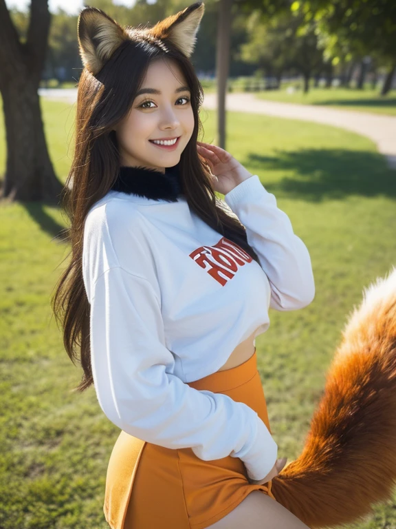 ((Highest quality, 8k)), ((masterpiece)), (Highest Resolution), Perfect Face, Fox Woman, Female college student, Beautiful woman, Outdoor, Only one tail, she has thick thighs, Her large tail, She has an orange fox tail, She wags her tail, Smiling with teeth showing, Fur collar, She's wearing a shirt and a short skirt., Plump Breasts, Beautiful Hips , A fox tail sticks out from the skirt.