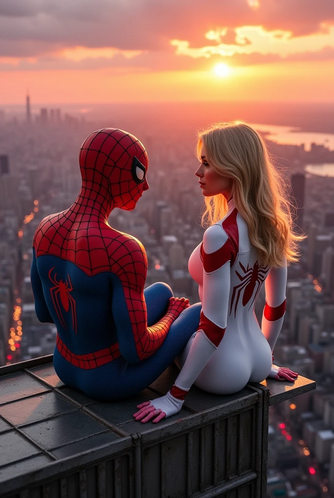 Sitting Spiderman with Gwen spidergirl 
 and thinking 

