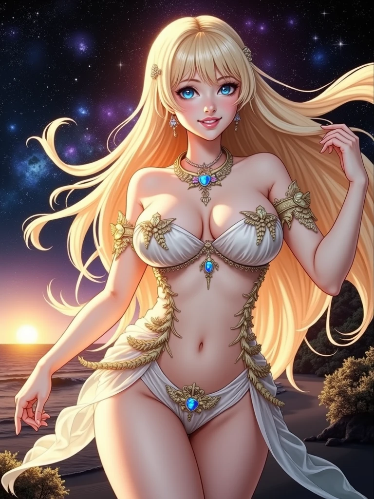 (masterpiece、Highest quality、8k、High resolution)、(The best beautiful girl)、Best Style、(The most beautiful face)、Clear skin、Clean blue eyes、Beautiful lips、smile、Beautiful white upper teeth、Beautiful nose、Blonde Hair、Ample breasts、Walking on the sand、look back、Ocean、You can see the forest、A bright night with stars visible、Beautiful starry sky、full moon、milky way、(体whole bodyから神秘的な光の粒子、Colorful Light)、(jewelry、necklace)、dress、(whole body)、Highly detailed anime art、A complete portrayal、Detailed CG、