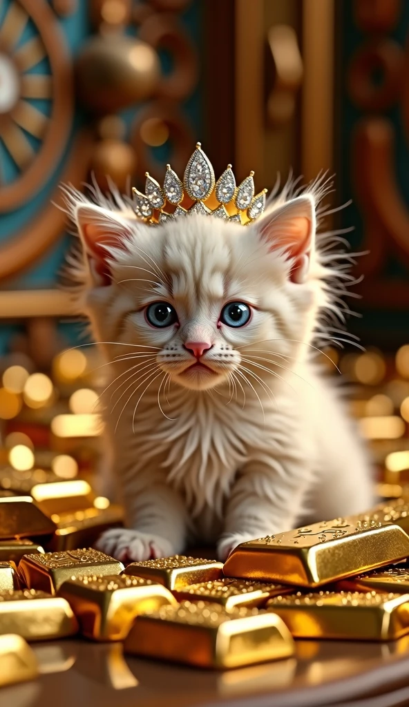 Cute miniature kitten, surrounded by huge collections of gold bars,gold coins, wearing diamond tiara.