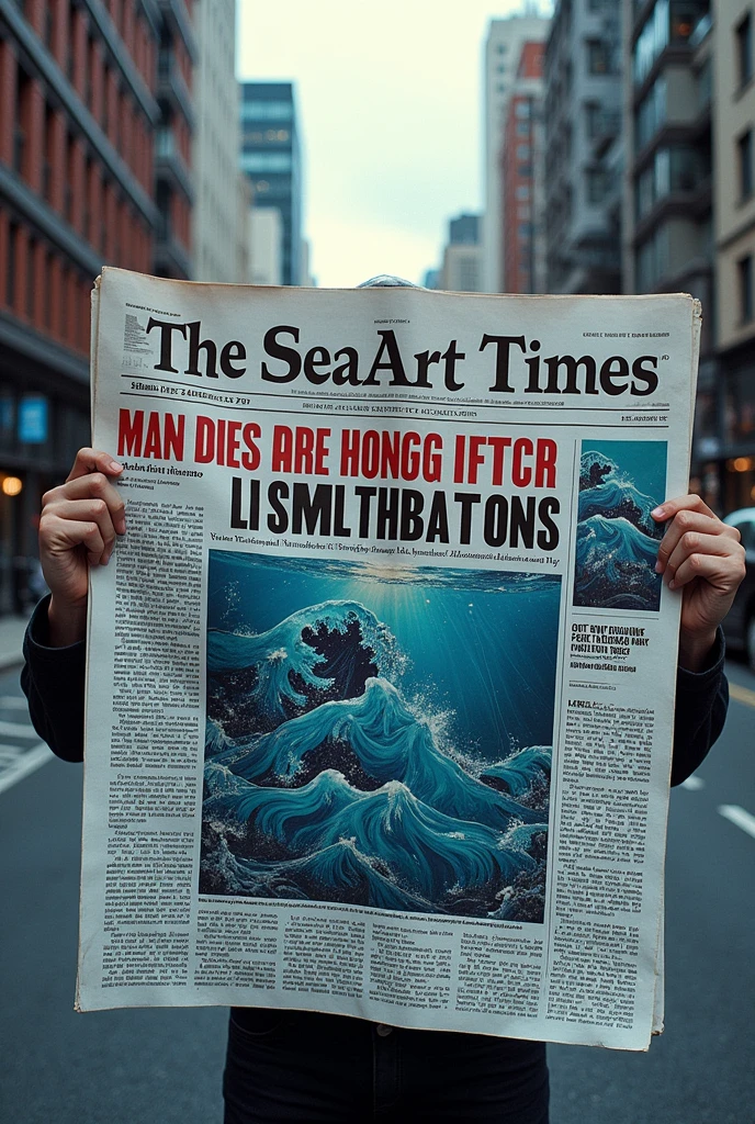 A newspaper titled (("The SeaArt Times":1.2)), and the headline reads (("MAN DIES AFTER 24 HOUR LONG AI MASTURBATION SESSION":1.5))