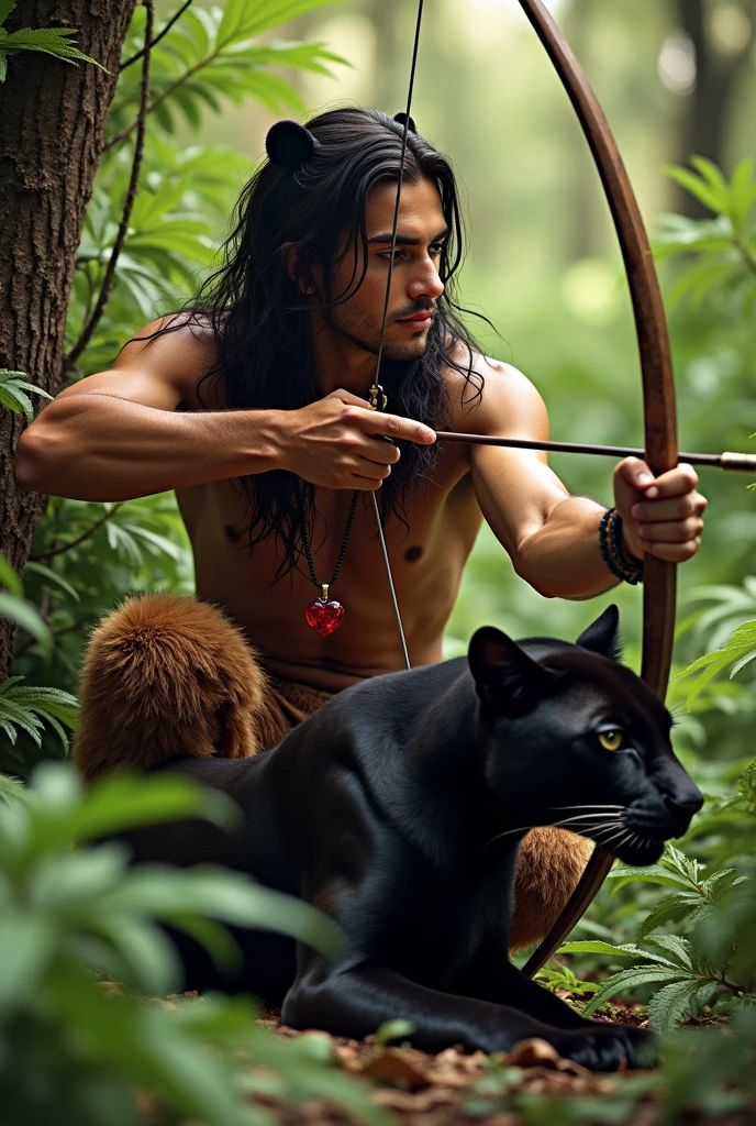 A handsome guy with tanned skin and masculine features of a young man. He has black hair down to his knees and panther ears.. He has a bare torso, wearing full-length brown fur trousers and hoof-like shoes.. He has a red heart pendant.. He squats in a thicket of ferns and shoots a bow.. A kind, beautiful panther lies beside him..