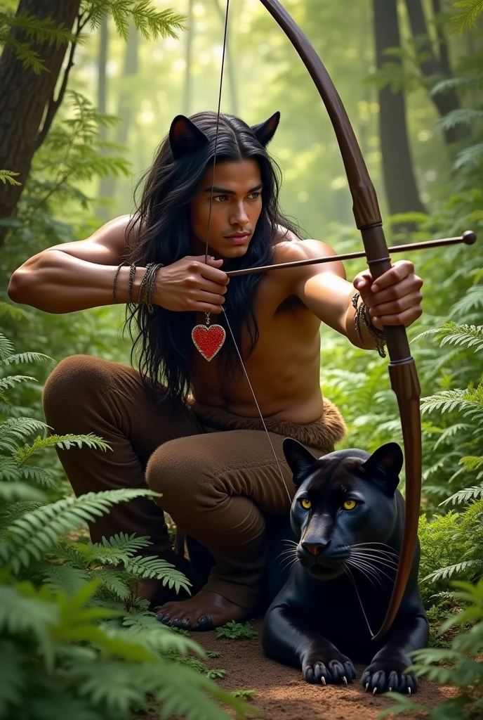 A handsome guy with tanned skin and masculine features of a young man. He has black hair down to his knees and panther ears.. He has a bare torso, wearing full-length brown fur trousers and hoof-like shoes.. He has a red heart pendant.. He squats in a thicket of ferns and shoots a bow.. A kind, beautiful panther lies beside him..