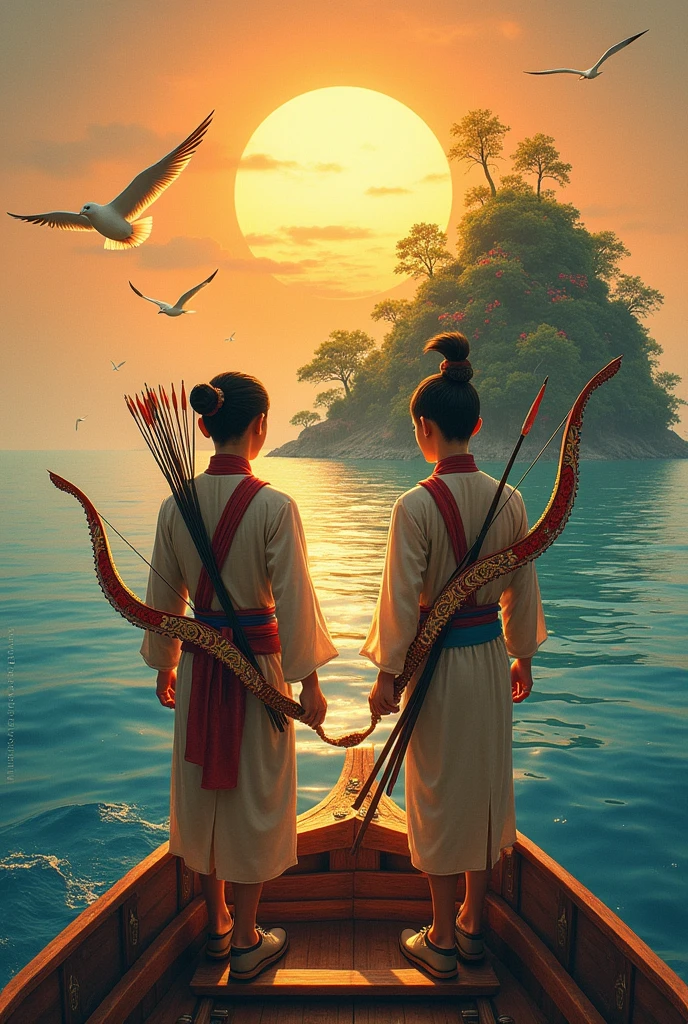 Donghua, 2 young gentleman adults, carrying a beautiful bow and arrow, crossing the sea, looking at the Island, and a sun scenery