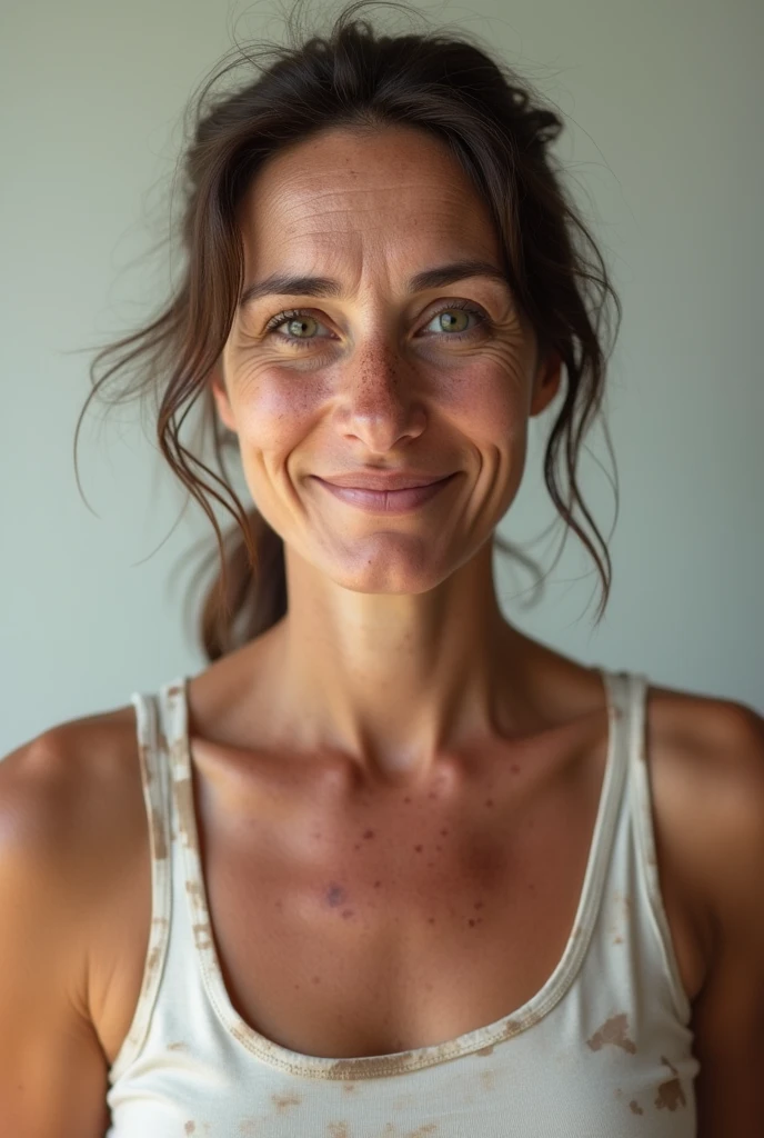 (Photorealism:1.2), an average woman, acne, impure skin, dirty white tank top, 40 years old, portrait, ponytail haircut, frontal, no smile, no facial expression, high resolution, 4K, UHD, high detail skin Texturen, no makeup, neutral background