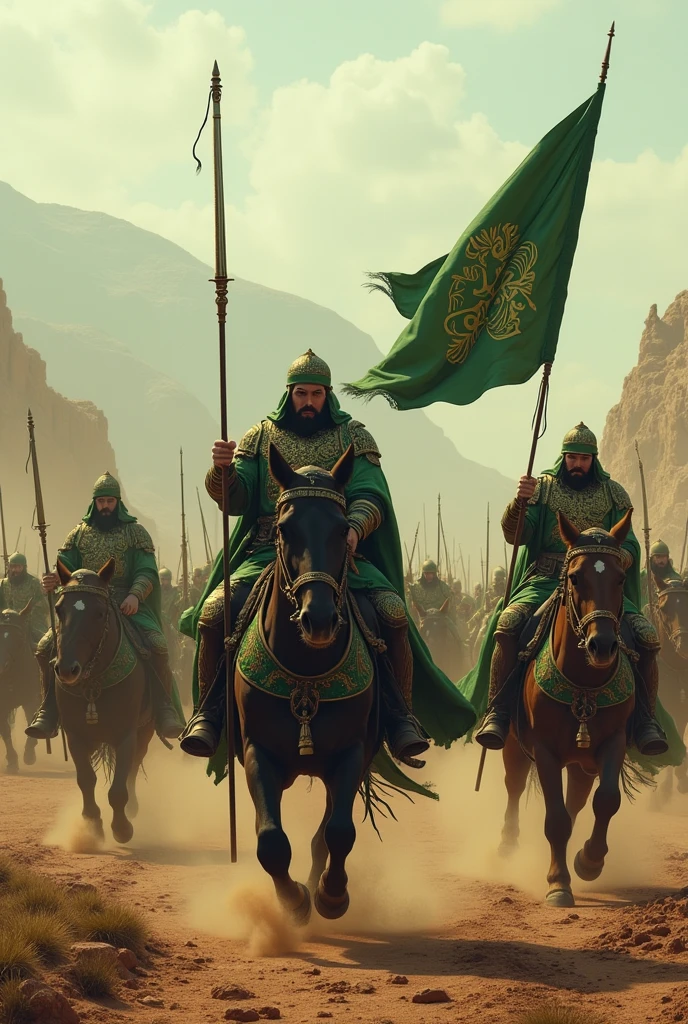 Afgan army of countless members wearing ancient afgan armour of green colour comming in the battlefield riding in the horses elephants with their flags and ancient weapons 