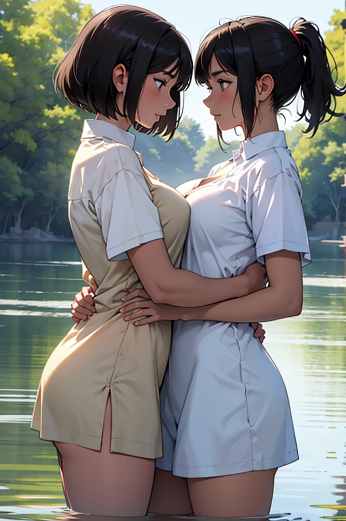 （masterpiece，high quality），A tall girl with a chestnut-colored bob cut, large breasts, and a kind face, and a slightly shorter, slim girl with black hair in a ponytail.、Two girls with intense eyes face each other，Leading the way，Anime，See each other，Embrace each other，Gentle idea-m chest，Wet shirt，（Standing on the lake），Morning Glow：1.2，Side view,Showing a side of yourself you normally don&#39;t show