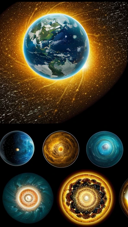**Evolution of the universe**: Create a picture showing the different stages of the universe, From the original creation to its collapse、And finally, the regeneration. Includes elements such as the primordial sea, Golden Lotus, Phases of the Universe's Expansion and Collapse.