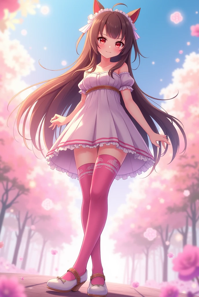 anime,feet,1girl, flat chest,long Hime cut hairstyle,brown Hair, colored eyes, feet focus,standing,pink thighhighs,looking at viewer,solo, from below