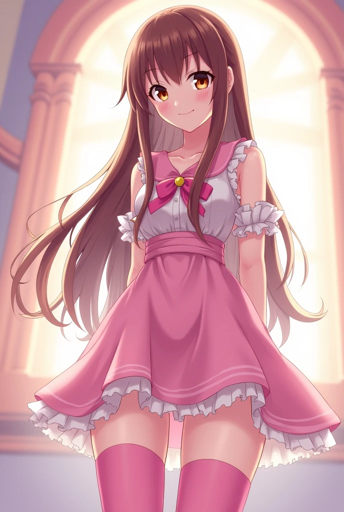 anime,feet,1girl, flat chest,long Hime cut hairstyle,brown Hair, colored eyes, feet focus,standing,pink thighhighs,looking at viewer,solo, from below