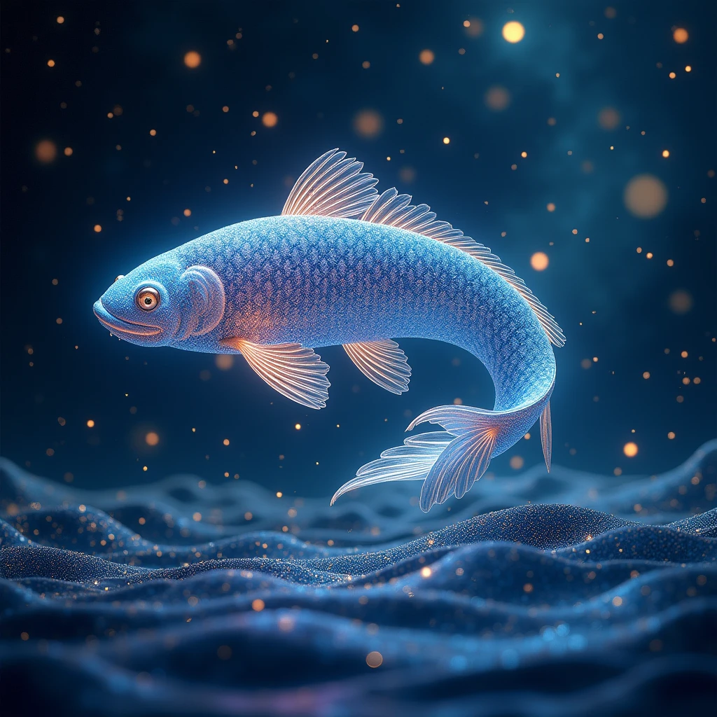 Pisces swimming in the sea of stars, Fantasy, (Highest quality,4K,8k,High resolution,masterpiece:1.2),Very detailed,(Realistic,photoRealistic,photo-Realistic:1.37),Very detailedPisces, Detailed outline of Pisces, Pisces swimming in the starry night sky, beautiful Fantasy landscape, Fantastic and dreamy, Shining Star, Vibrant colors, Dramatic lighting, Intricate details