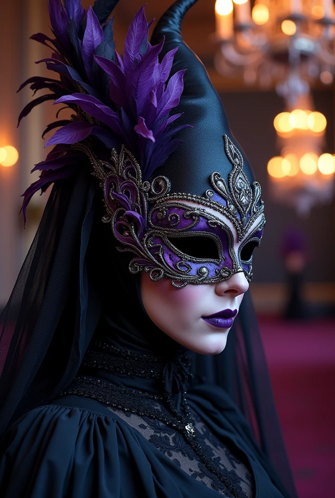 Generate dark mask, black and purple, with arabesques and details for witch, besides elegant for a masquerade ball