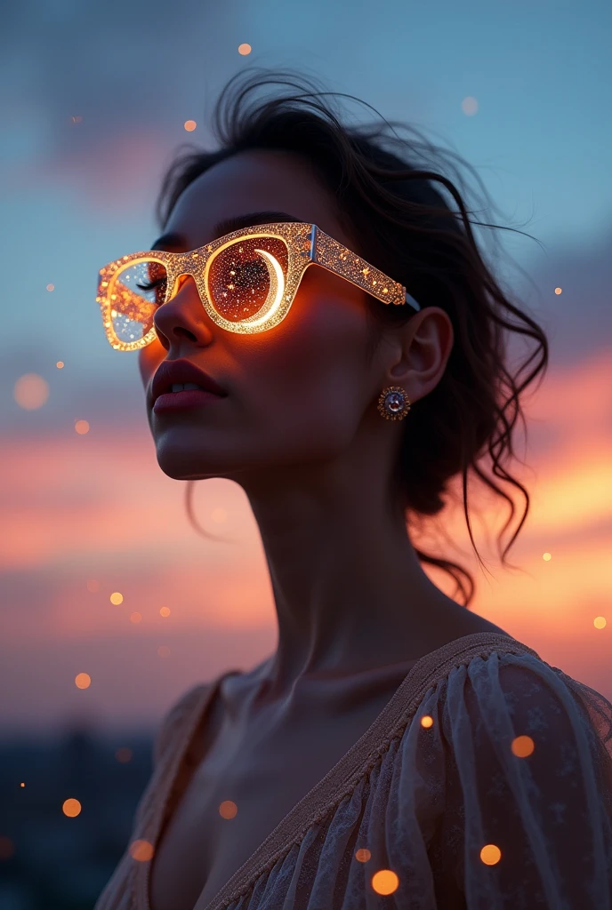 The model is wearing glass sunglasses with stars and the moon on the glass