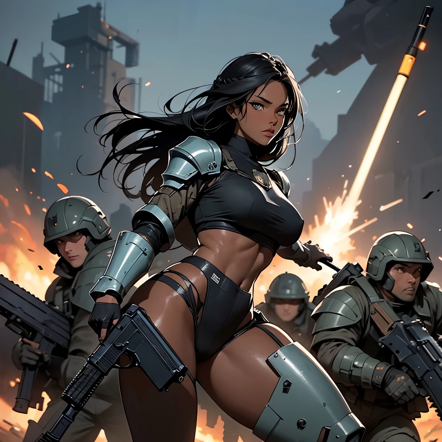 nsfw, anime screencap, 16K, perfect anatomy proportion body, perfect hands, action, A dynamic composition with a sense of speed and movement, (Hold an assault rifle:1.6), a wife, 40age, perfect beautiful delicate sexy face, erfect beautiful delicate eyes, braid-in-braid black hair, (dark skin:1.6), huge breasts, abs, Camouflage-colored heavy armored steam engine full armor powered suit, Many heavily armored robot soldiers are engaged in a firefight in the background., Flying bullets, Ruined ancient city, war, Post-apocalyptic,