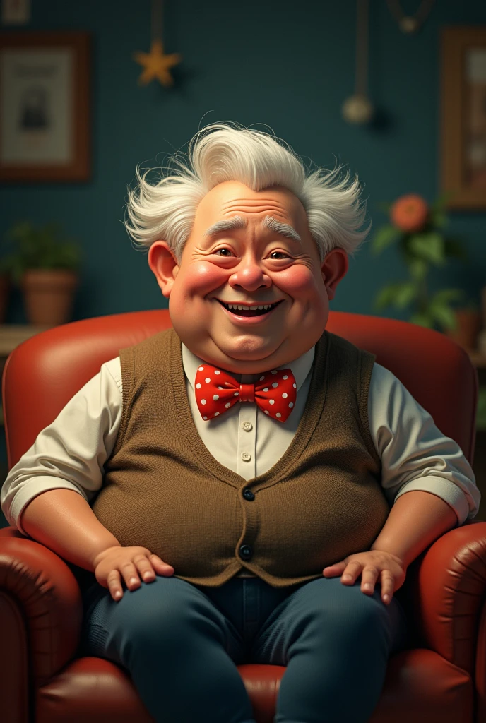 A short, overweight, chubby man of about 60 years of age. Generally dressed in cloth with a vest and a polka dot bow tie on a dark background., Animated