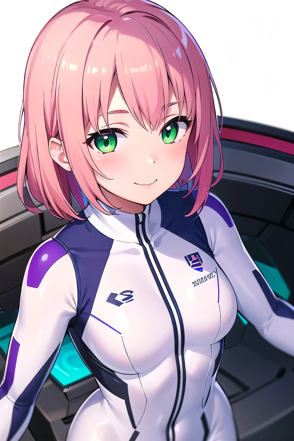 1girl,Samus aran,solo,green eyes, pink hair, forehead hair, white zero suit,white body suit,purple stripes,cowboy shot,blush,,Science fiction,ultra-detailed,sharp focus,aesthetic,(best quality), white background, smile