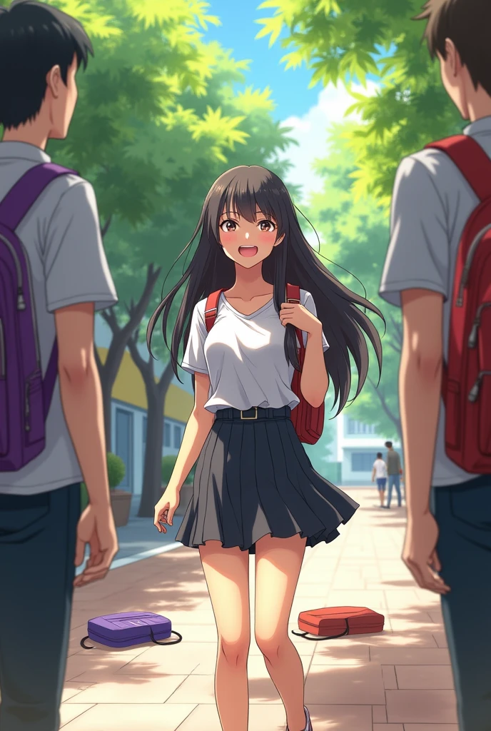 A high school girl with black hair, her skirt is a little short, her hair is long enough to reach her waist, her bangs are long enough to cover her eyebrows, and she has friends around her.、A scene of them having a pleasant conversation