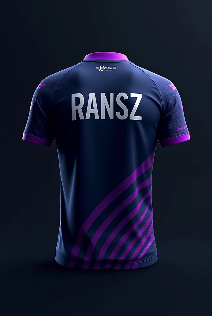 Mobile Legends Esports Team Jersey Back, Player Name "RANSZ": The name will be placed in the center of the back, with modern and bold fonts. The font color can be white or light blue., provides a clear contrast to the navy base color of the jersey.Purple Collar: The jersey collar will be purple, provides an interesting accent and adds character to the design. This purple color also blends with other motifs on the jersey., create a harmonious impression.Purple Striped Motif on Sleeves: Around the arm, there will be a purple striped motif in the shape of letters "in" the upside down. What makes this unique is that the line continues from front to back., forms a diagonal line-like pattern when viewed from the side. This creates a cool visual effect., as if the jersey has a reverse feature with dynamic slashes.Primary Colors: The back of the jersey will remain predominantly navy blue., which gives a strong and elegant impression. Purple and blue accents on the collar and sleeves provide a modern and stylish touch..Desain ini memastikan bahwa jersey tim inortex Elite tidak hanya terlihat profesional, but also unique and full of character. All these details are designed to create a strong impression on and off the field.