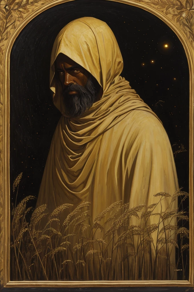 A painting of a young man in a dark wheatfield, Ethiopian medieval peasant, survivor, scuffed face, sad painting, empty defeated eyes, meek, frail, very gaunt, in a golden field at night, empty night sky, pitch-black sky, charcoal colored sky, very tall field, crouching/hiding, petrified, crude art, paint streaks, very low visibility, eerie, close up, messy painting, horrified eyes, hiding in wheat field, midnight, bandages covering stump, missing arm, wounded, plagued, long scruffy hair, scuffed garments, no cowl, scruffy black beard