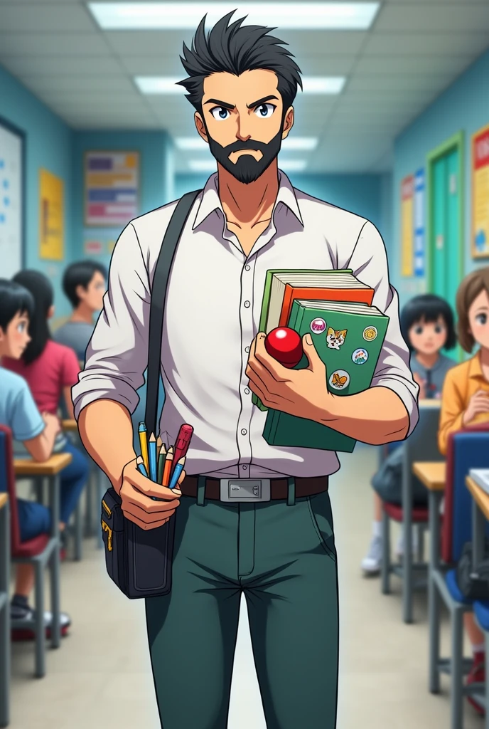 Anime pokemon style, Short black hair slim teacher with full beard, right hand holding a pokeball. Left hand holding books, wearing a white shirt and a leg bag with some school supplies. School