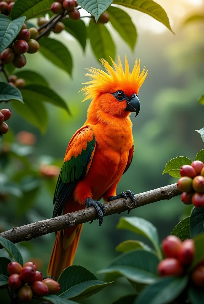 generate a male cock-of-the-rock on a coffee branch and it is in the jungle