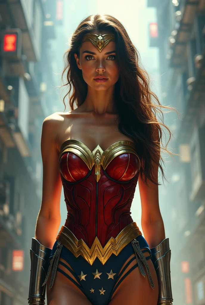 (1 girl:1.3), Alone, (((Very detailed face)))), ((very detailed eyes and face.)))), beautifuls detalles ojos, body parts__, official art, 8k unified wallpaper, Super detailed, beautiful and beautiful, beautiful, masterpiece, Best Quality, original, masterpiece, super fine photo, Best Quality, super high resolution, realistic realism, sunlight, full body portrait, extraordinary beauty, dynamic pose, delicate face, vibrant eyes, (from the front), She wears a Wonder Women lingerie outfit., Red and black color scheme, spider, fondo muy detallado del ceiling de la ciudad, ceiling, with city views, detailed face, detailed complex busy background, disordered, gorgeous, milky white, very detailed skin, realistic skin details, visible pores, clear focus, volumetric fog, 8k hd, DSLR, high quality, film grain, White skin, photographic realism, lomography, Futuristic dystopian megalopolis, translucent wallpaper 