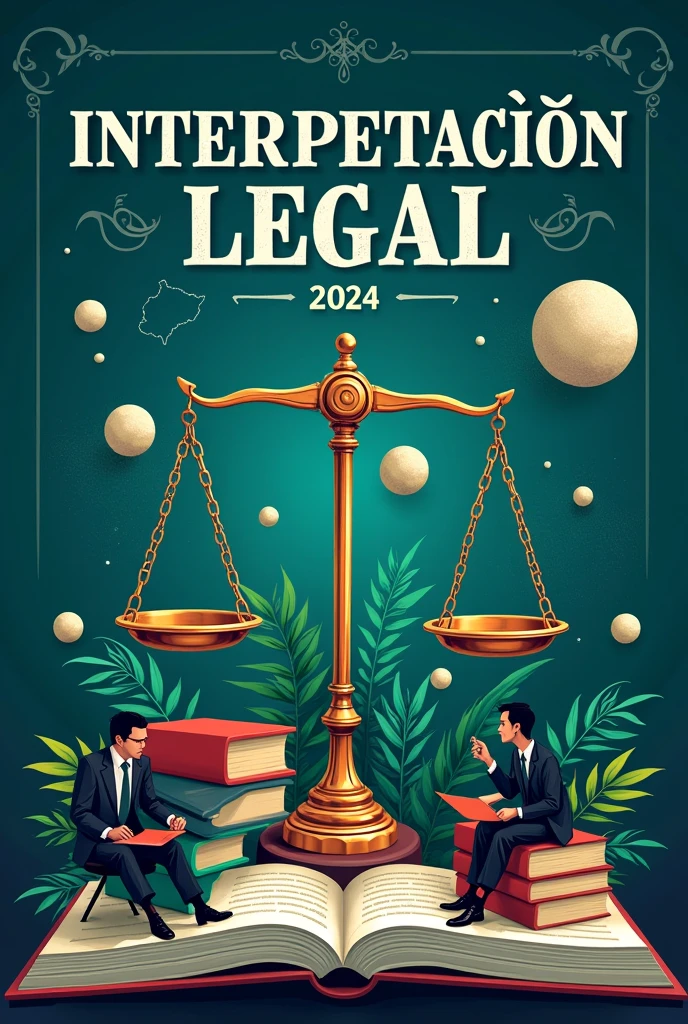 COVER OF A BOOK OF LAWS AND I WANT YOU TO WRITE EXACTLY THE FOLLOWING AS THE TITLE: ¨LEGAL INTERPRETATION¨ AS A SUBTITLE, PLACE THE WORD UPSE AND BELOW 2024 AND THE PREDOMINANT COLORS SHOULD BE BLUE, green. black and white. WITH SCALES OF JUSTICE, lawyers, books, SPHERES AND THE SANTA ELENA PENINSULA ECUADOR AS A MAP. EVERYTHING MUST BE IN SPANISH